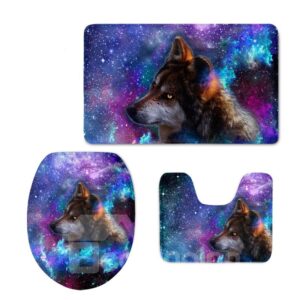 Galaxy Wolf Pattern 3-Piece Flannel PVC Soft Water-Absorption Anti-slid Toilet Seat Covers