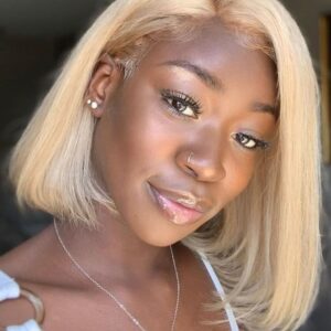 Human Hair Straight Women Lace Front Cap 12 Inches 130% Wigs Heat Resistant Natural Looking Daily Party Wigs Cosplay Wigs with Natural Bangs with Free Wig Cap