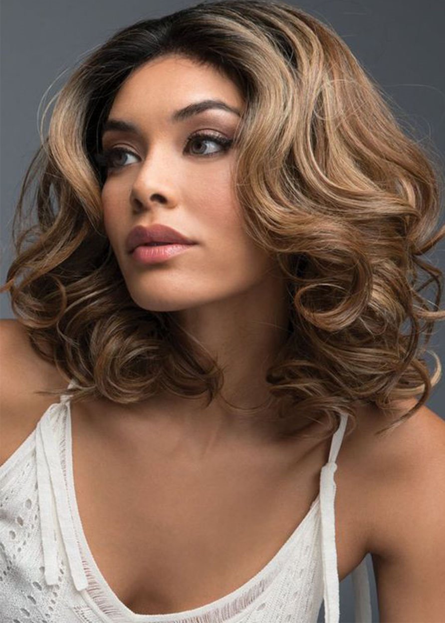 Medium Hairstyle Women's Natural Looking Loose Wavy Synthetic Hair Capless Wigs 14Inch