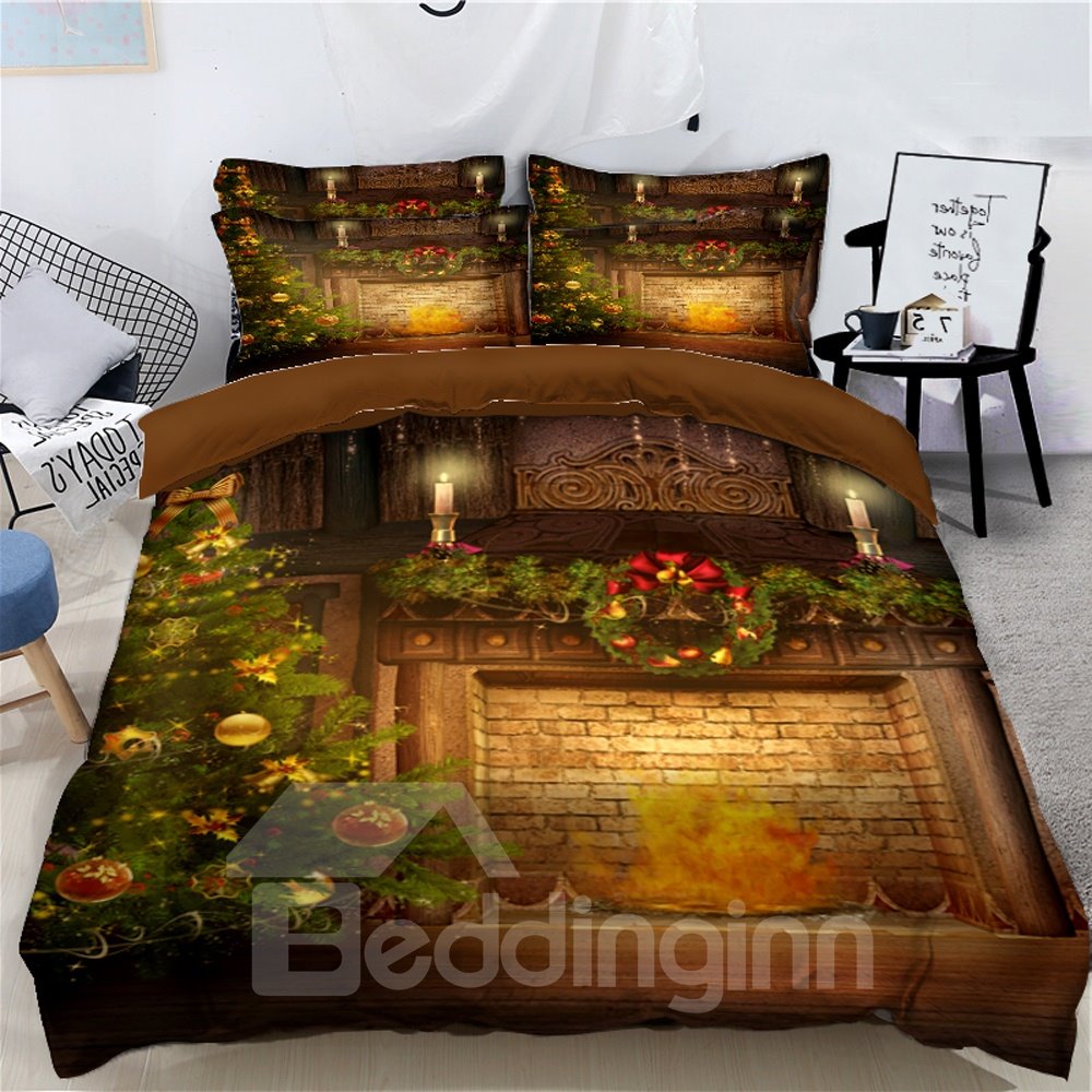 Christmas Tree with Decorations and Stove Printed 3D 4-Piece Bedding Sets Duvet Covers Colorfast Wear-resistant Endurable Skin-friendly All-Season Ultra-soft Microfiber No-fading - Image 5