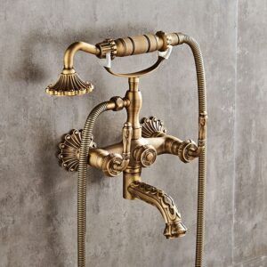 Retro Antique BathTub Faucet Brass Shower Spout Mixer Tap Dual Knobs Wall Mounted Bathtub Mixers with Handshower