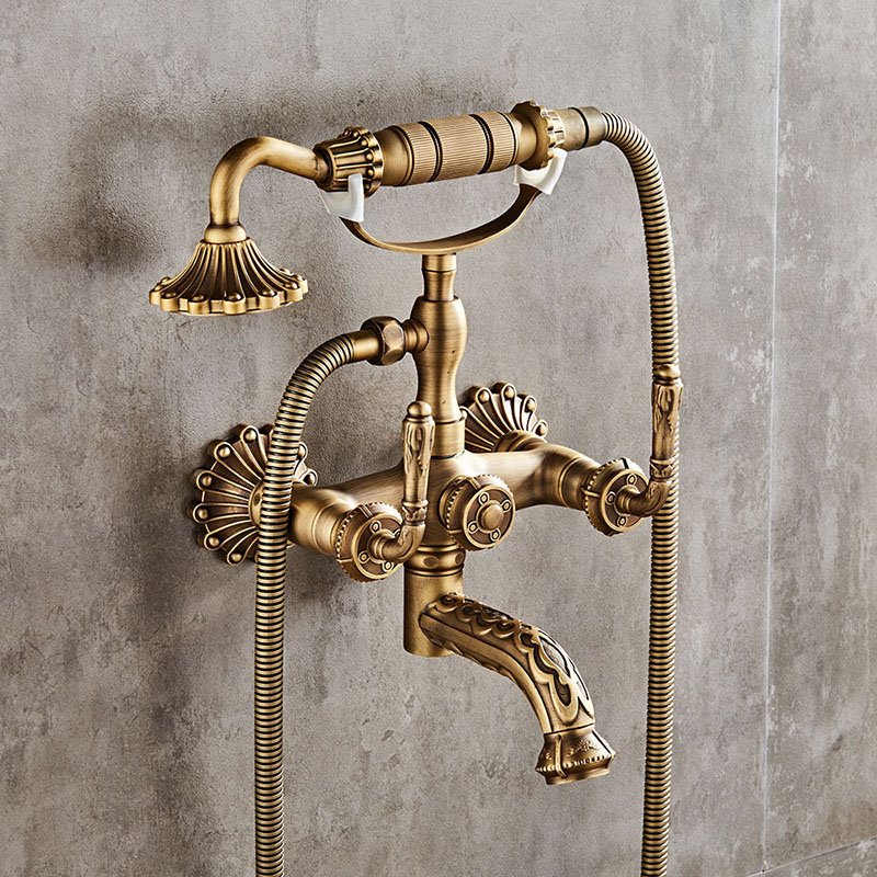 Retro Antique BathTub Faucet Brass Shower Spout Mixer Tap Dual Knobs Wall Mounted Bathtub Mixers with Handshower