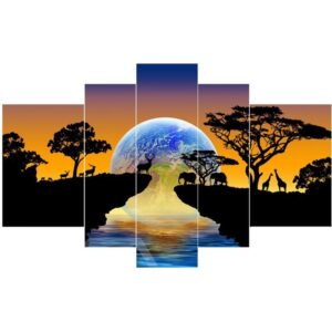 Cliffs Trees and Planet Pattern Hanging 5-Piece Canvas Eco-friendly and Waterproof Non-framed Prints
