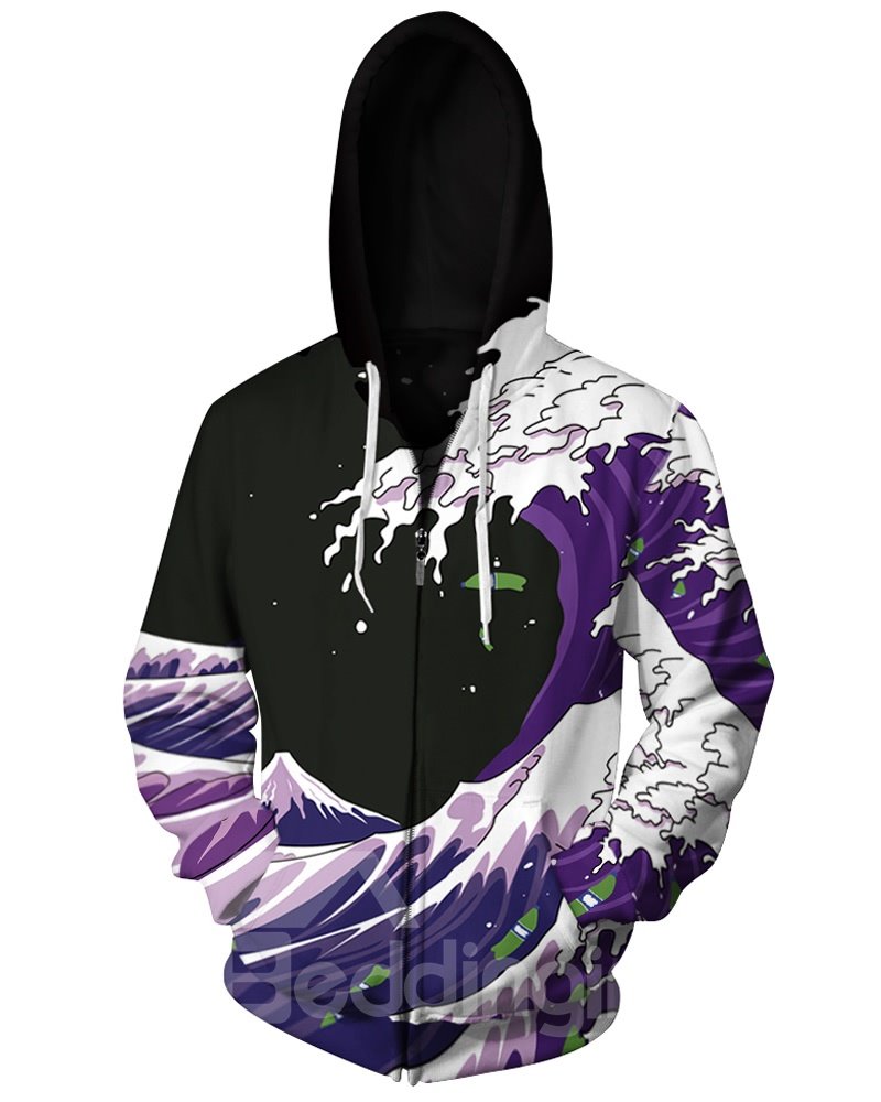 Sea Waves Purple 3D Print Big Pockets Zipper Hoodies - Image 2
