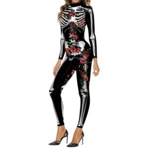 Long Sleeve 3D Halloween Skull Rose Printed Cosplay Theme Party Jumpsuit Spring Fall Costumes for Women