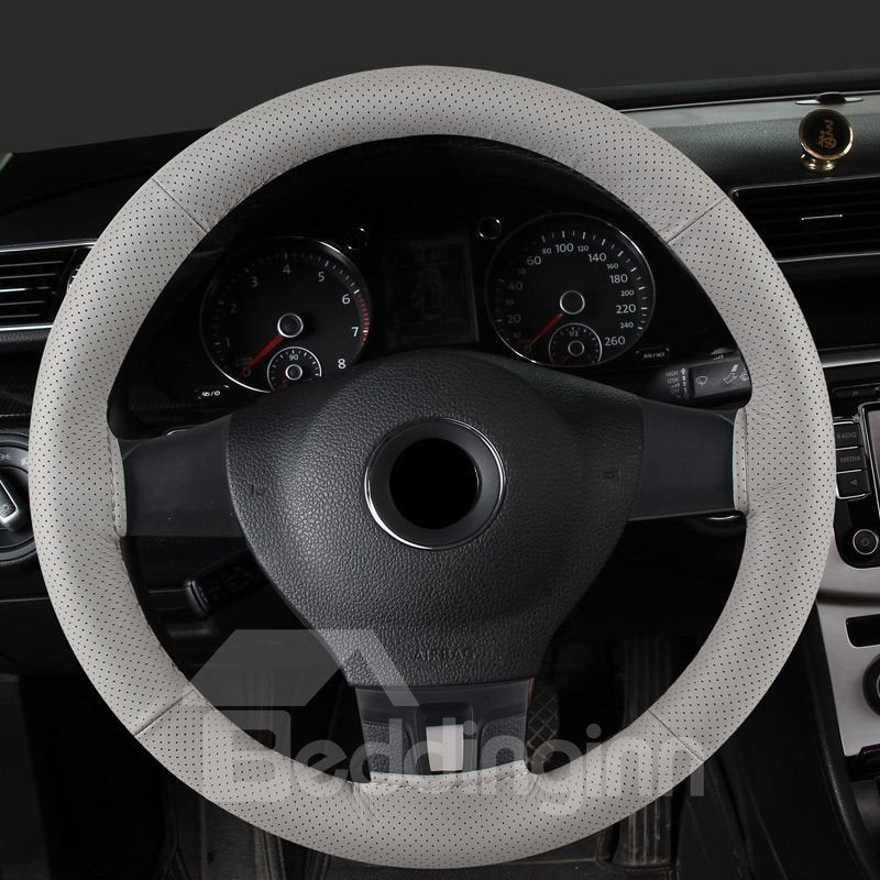 Pure Color Textured Genuine PU Leather Hand-stitched Steering Wheel Cover - Image 4