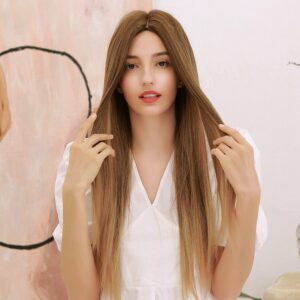 Natural Straight Capless Women Synthetic Hair 130% 28 Inches Wigs Heat Resistant Natural Looking Daily Party Wigs Cosplay Wigs with Natural Bangs with Free Wig Cap
