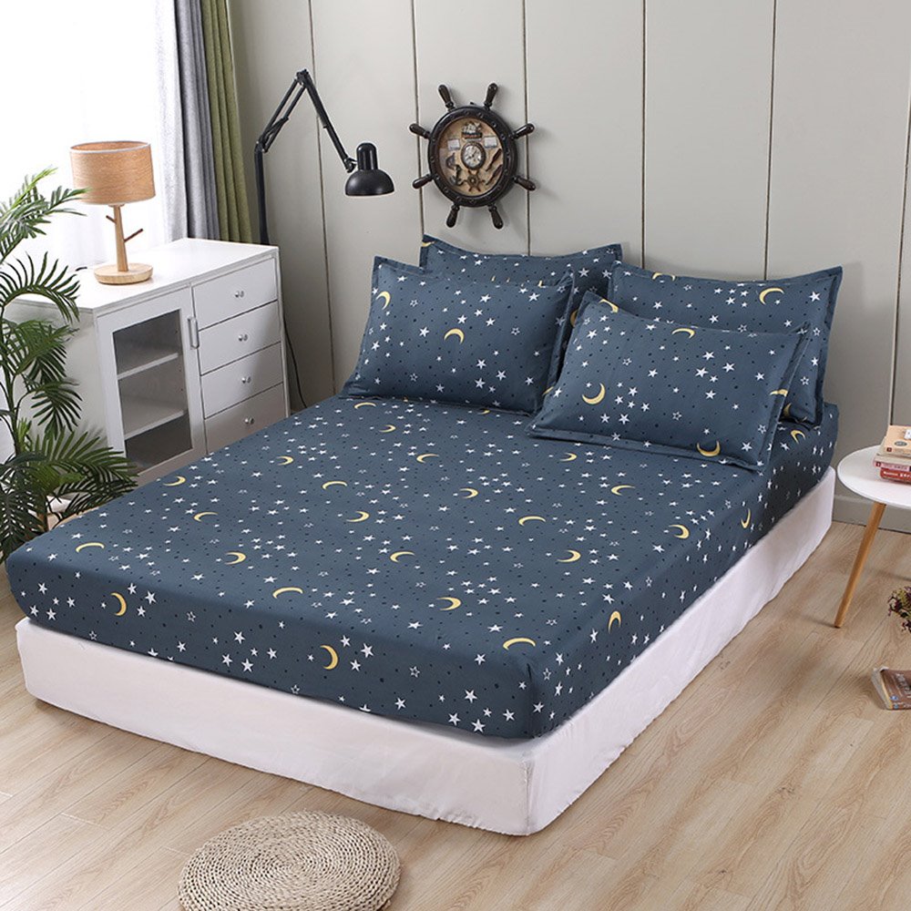 Star Moon Fitted Sheet 1-Piece Non-Fade Breathable Soft Polyester Bed Cover Mattress Cover - Image 2