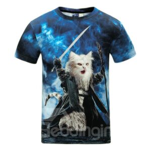 Attractive Round Neck Wizard Cat Pattern 3D Painted T-Shirt