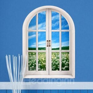 Nature Beauty Window View Flower Field under Blue Sky 3D Wall Sticker
