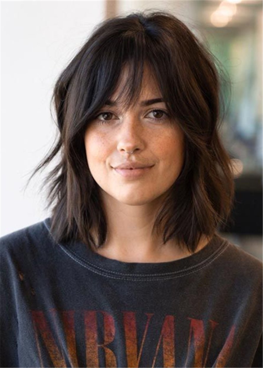 Fab Shag Haircuts Medium Natural Wavy Human Hair Capless 14 Inches 130% Wigs