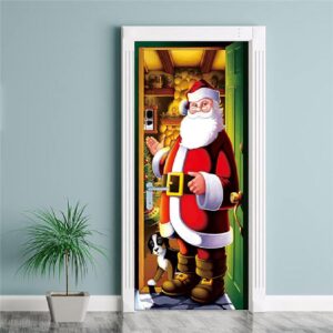 Creative Cartoon Santa Claus Christmas 3D Door Murals Wall Decorations PVC Not Fade Waterproof Removable Door Cover
