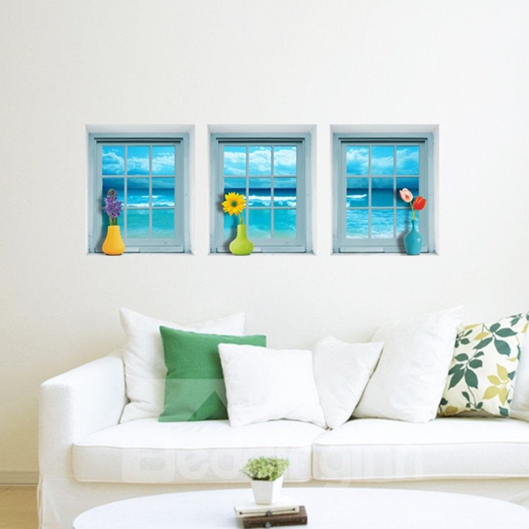 Blue Stunning Window and Flower Vase Pattern 3 Pieces Wall Stickers