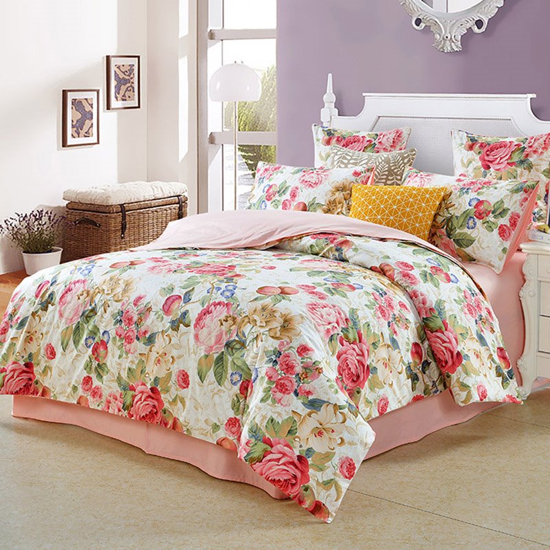 Vintage Style Watercolor Flowers Pattern 4-Piece Bedding Sets Zipper Duvet Cover with Ties Colorfast Wear-resistant with 1 Fitted Sheet 1 Duvet Cover 2 Pillowcases