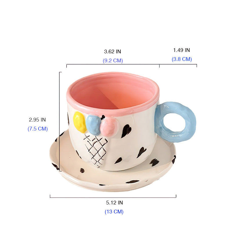 Ceramic Ice Cream Coffee Cup and Saucer Set for Women, 10 Oz Colorful Cute Teacup Set for Latte Tea - Image 2