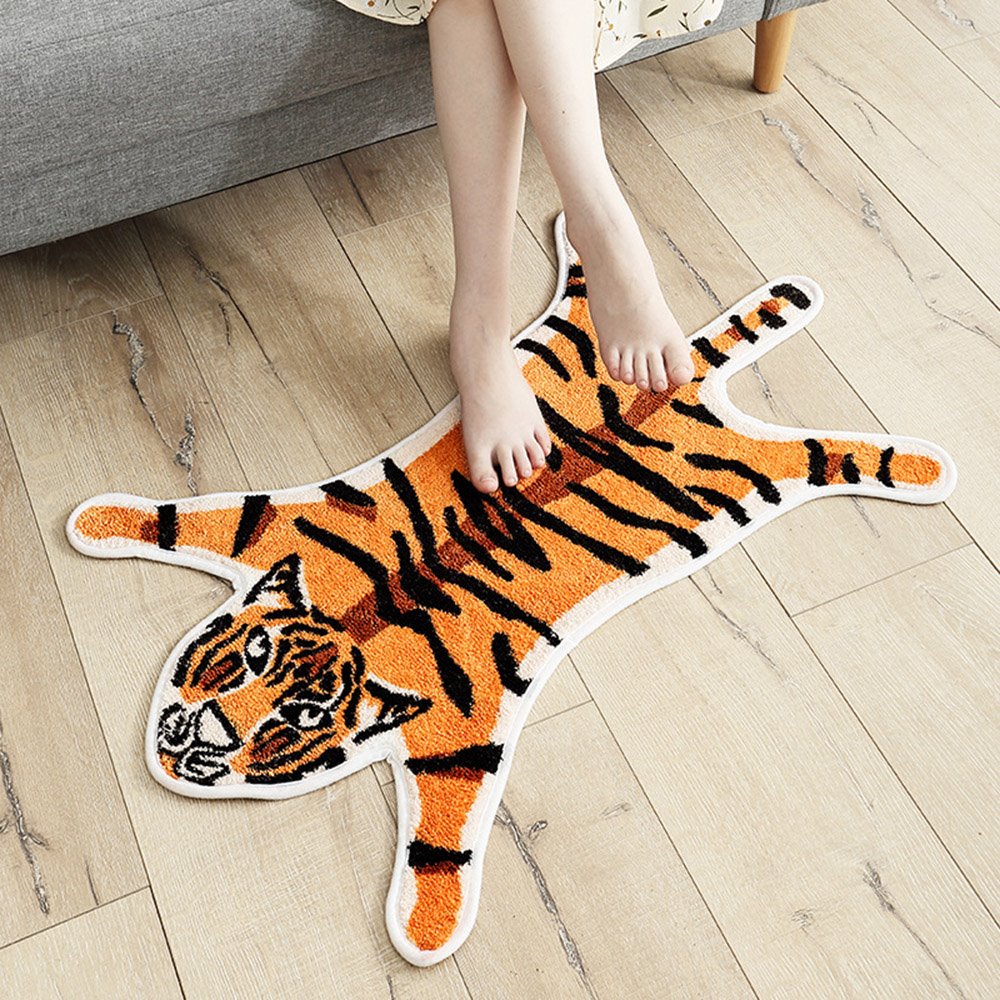 Tiger Shape Cartoon Cute Faux Area Rugs Floor Mat for Kids Playroom Home Decor Fluffy Non-Slip Water Absorption Carpet Doormat