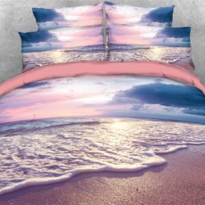 Ocean Beach 5-Pieces 3D Scenery Comforter Set/Bedding Set Ultra-Soft  with Zipper Closure and Corner Ties 2 Pillowcases 1 Flat Sheet 1 Duvet Cover 1 Comforter Soft Skin-friendly Microfiber