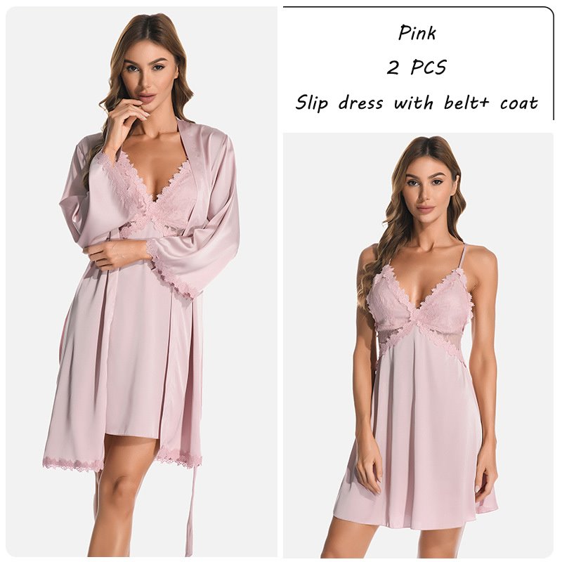 Pajamas Sexy Chiffon Lace Plain Regular Women's Pajama Suit Home Dress Nightgowns Robe 2 PCS Set - Image 8