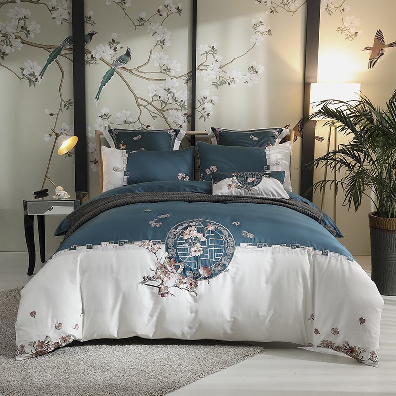 Vintage Retro Four-Piece Set Embroidery Duvet Cover Set Long Staple Cotton Bedding Sets Flat Sheet