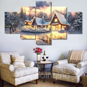 Golden Cabins and Snowy Trees Hanging 5-Piece Canvas Eco-friendly and Waterproof Non-framed Prints