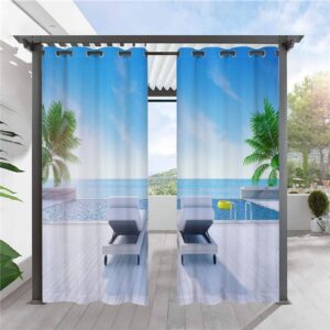 Modern 3D Printed Outdoor Curtains Resting by the Sea Cabana Grommet Top Curtain Waterproof Sun-proof Heat-insulating 2 Panels