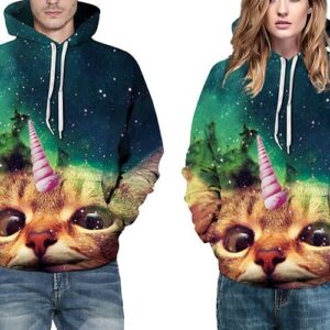 Colorful Long Sleeve Cat Pattern Starry Sky Background 3D Painted Hoodie