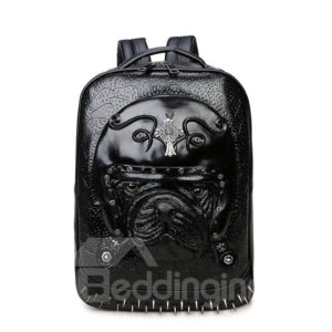 3D French Bulldog Studded College Durable Backpack PU Leather Shoulder Bag