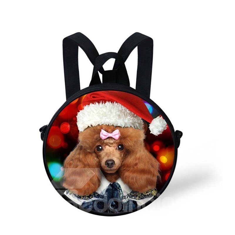 Round 3D Poodle Dog Wearing Christmas Hat Pattern Polyester Outdoor Backpack