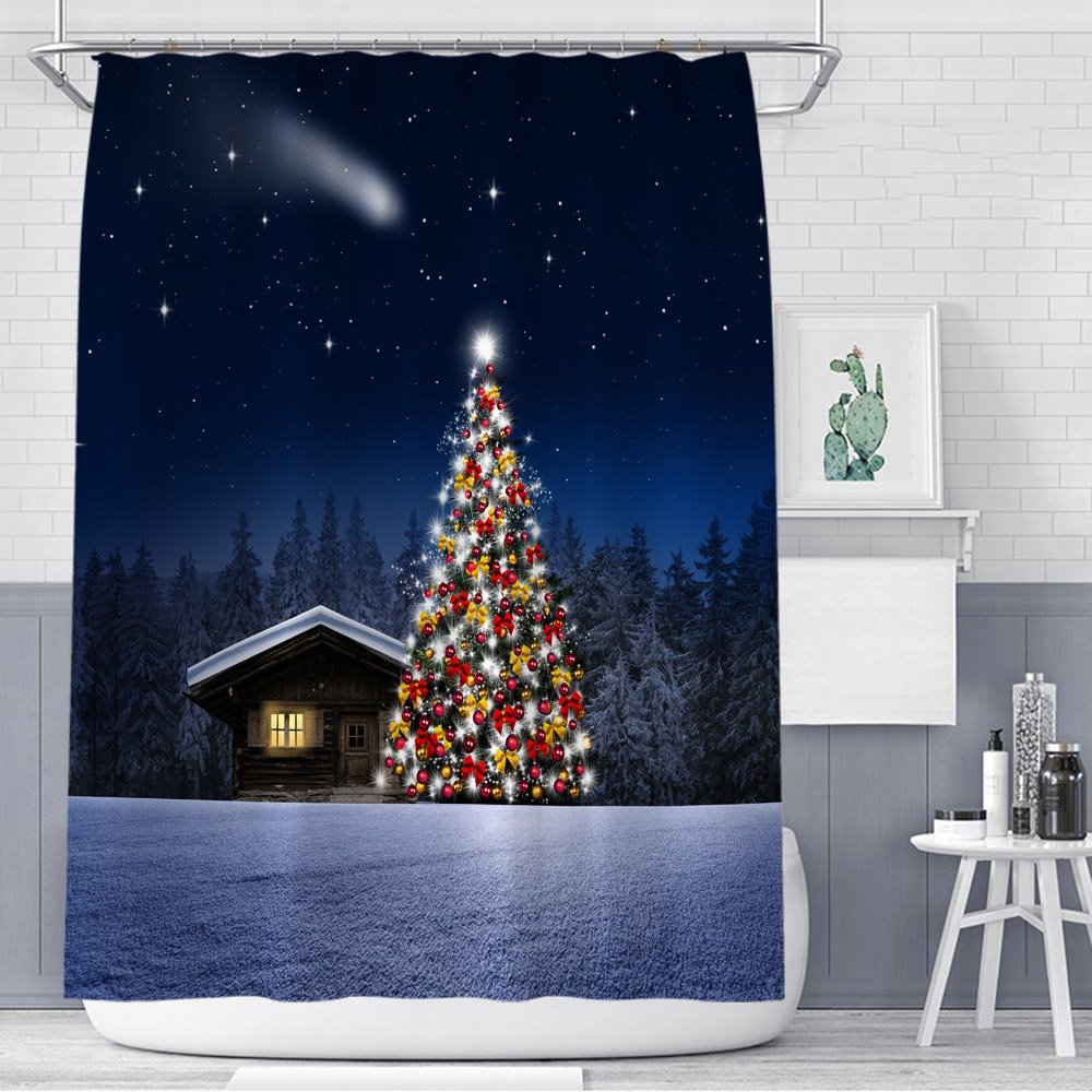 3D Christmas Night Shower Curtain Christmas Tree Pattern Polyester Waterproof Antibacterial and Eco-friendly - Image 2