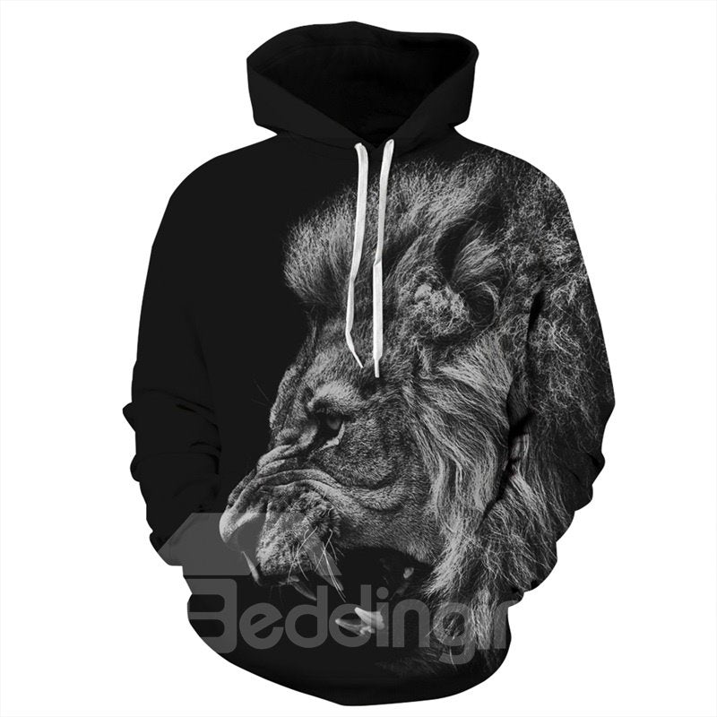 Unique Long Sleeve Grey Lion Face Roar Pattern Pocket 3D Painted Hoodie - Image 2