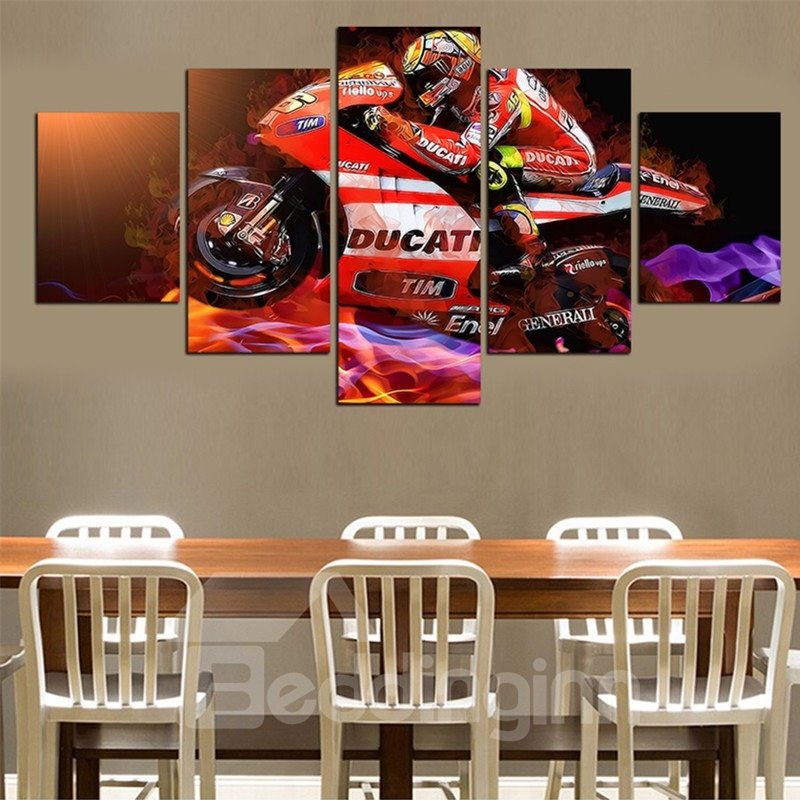 Red Motorcycle and Driver Hanging 5-Piece Canvas Non-framed Wall Prints