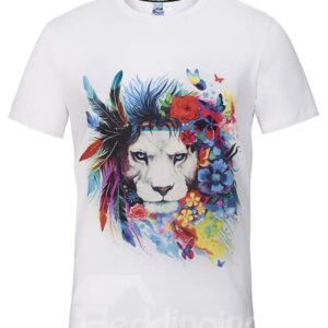 Cute Round Neck Lion with Garland Pattern White 3D Painted T-Shirt