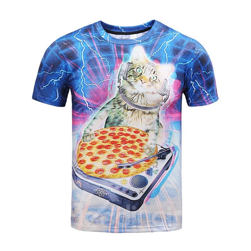 Funny Round Neck Cat and Pizza Pattern 3D Painted T-Shirt - Image 5