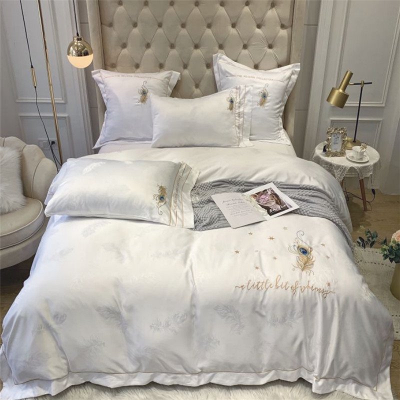 European High-end Satin Jacquard Embroidery Feather 4-piece Bedding set Silky Cotton Duvet Cover Set Full Queen Size