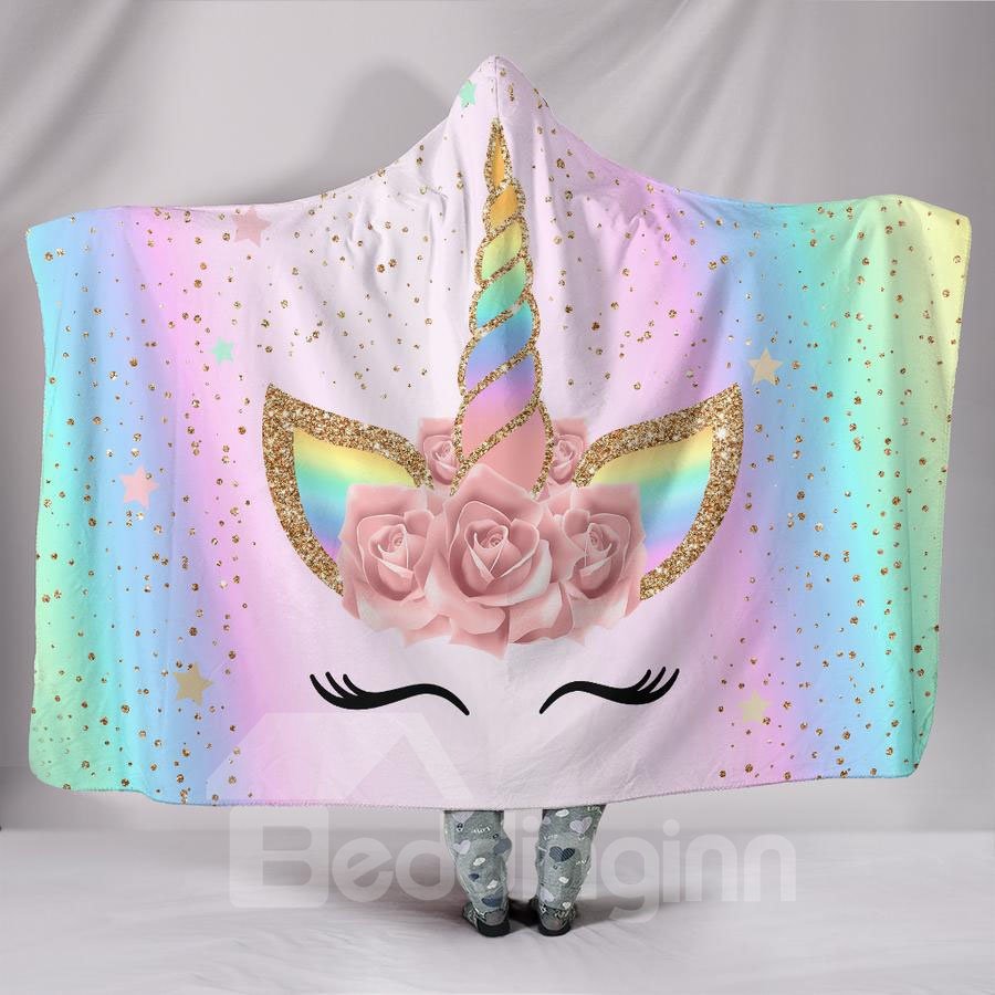 Multi Color Unicorn and Flower Printing Polyester Hooded Blanket - Image 3