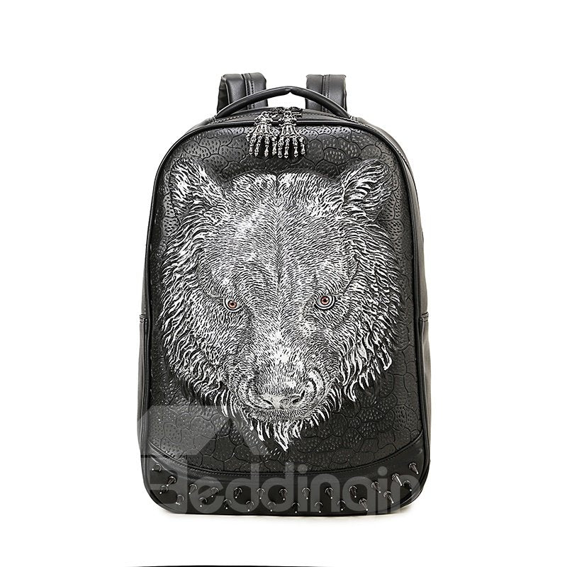 Tiger Head 3D PU Leather Casual Laptop Backpack School Bag - Image 3