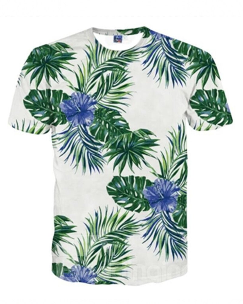 Vivid Round Neck Blue Flower and Leaves Pattern 3D Painted T-Shirt - Image 2