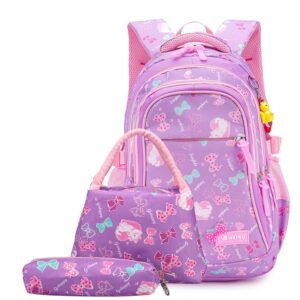 3pcs Purple Kitty Backpack School Bag Set Waterproof Satchel Lunch Bag Pencil Pen Bag Set For Girls Teens