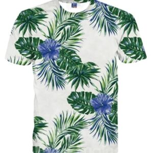 Vivid Round Neck Blue Flower and Leaves Pattern 3D Painted T-Shirt