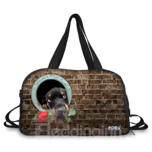 Dog with Flower Pattern Nylon Large Capacity Shoulder 3D Travel Bags