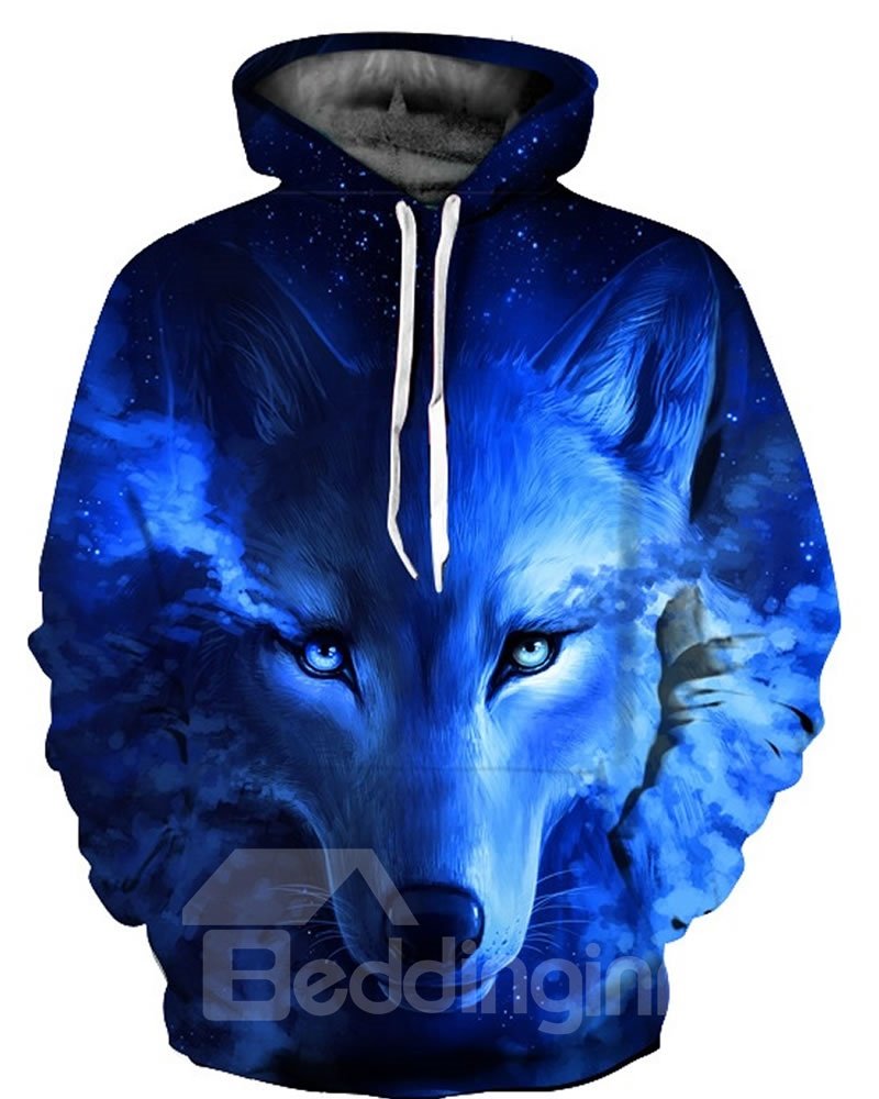 Long Sleeve Blue Wolf Tear Pattern 3D Painted Hoodie - Image 2
