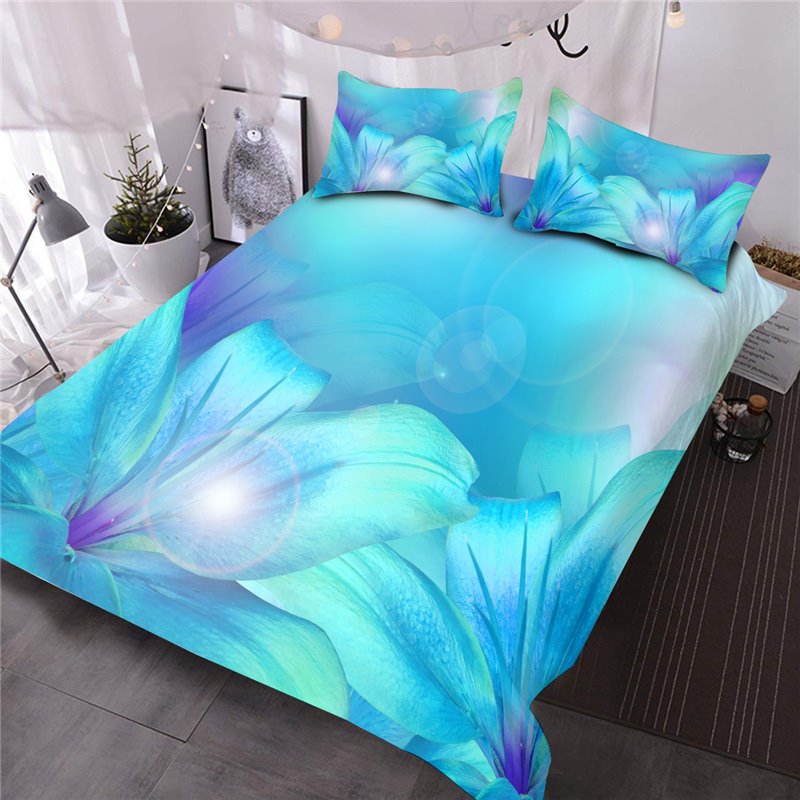 3D Turquoise Greenish Lily 3 PCS Comforter Set Bright Flower Printed Bedding Lightweight Breeze Down Comforter Insert with 2 Pillowsases - Image 2