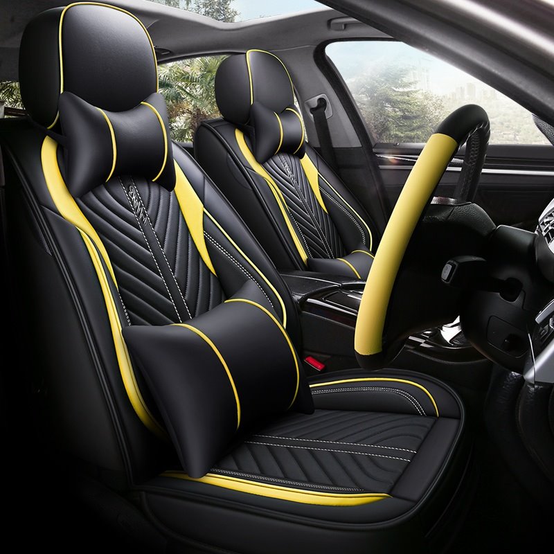 Breathable Wear-resistant PU Leather Wear-resisting Scratch No Peculiar Smell Fresh Breathable Not Stuffy Airbag Compatible 5-seater Universal Fit Seat Covers With Lumbar Pillow*2 Headrest Pillow*2 Steering Wheel Cover*1 Fit for SUV Sedan Truck - Image 3