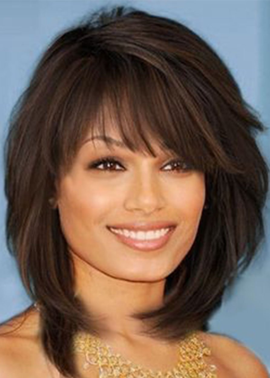 Medium Hairstyle Women's Layered Wavy Synthetic Hair Wigs With Bangs Capless Wigs 16Inch - Image 40