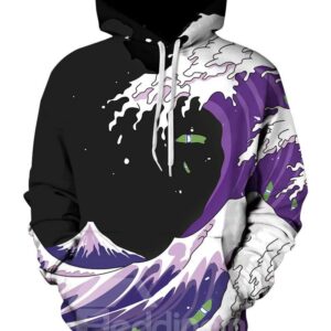 Long Sleeve Sea Wave Pattern Balck Background 3D Painted Hoodie