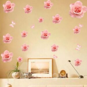 Fancy Simple Style Pink Roses and Butterflies Pattern Wall Stickers