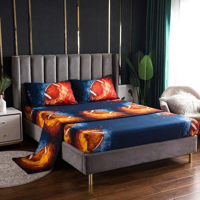 3D Sports Football Bed Sheet 4 Piece Set 1 Flat+1 Fitted+2 Pillowcases Microfiber Bedding Sheet