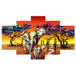 Elephants Girls and Trees Pattern Hanging 5-Piece Canvas Eco-friendly and Waterproof Non-framed Prints