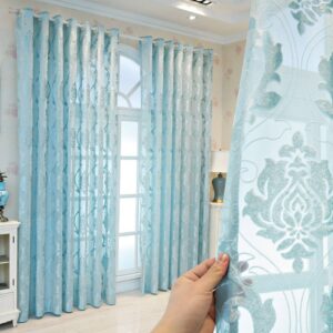 European High-end Blue Embossed Sheer Curtains for Living Room Bedroom Custom 2 Panels Breathable Voile Drapes No Pilling No Fading No off-lining Polyester