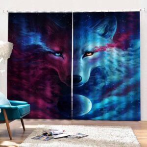 3D Blackout and Decoration Window Curtains with Blue and Red Wolf Face Custom 2 Panels Drapes No Pilling No Fading No off-lining